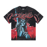 Cross-border gs american high street washed retro skull racing machine girl printing short-sleeved fashion