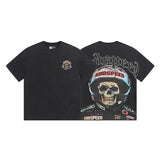 Cross-border gs american high street washed retro skull racing machine girl printing short-sleeved fashion