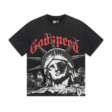 Cross-border gs american high street washed retro skull racing machine girl printing short-sleeved fashion
