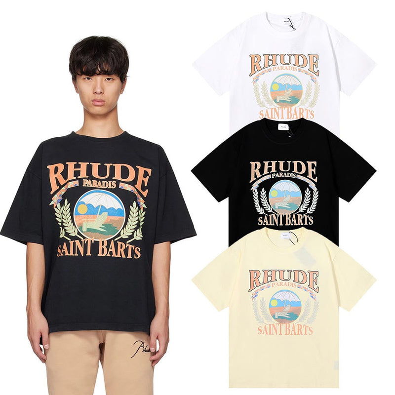 Rhude T Shirts Sunset Beach Cozy Pattern Printed Cotton Casual Loose Short Sleeve Men and Women