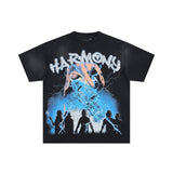Los angeles american style harmony print hotfix rhinestone washed vintage distressed loose fit 100% cotton short sleeve t-shirt
