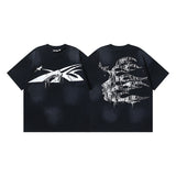 Ss american skull washed and distressed letter loose plus size short sleeve streetwear t-shirt - men's trendy style