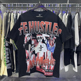 Meichao life husters masked tattoo angel print hotfix rhinestone lettering oversized casual short sleeve t-shirt