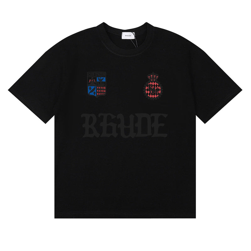 Rhude T Shirts Gothic Letter Badge Printing Cotton Casual Crew Neck Short Sleeve Men and Women