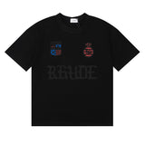 Rhude T Shirts Gothic Letter Badge Printing Cotton Casual Crew Neck Short Sleeve Men and Women