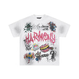 Los angeles american style harmony print hotfix rhinestone washed vintage distressed loose fit 100% cotton short sleeve t-shirt