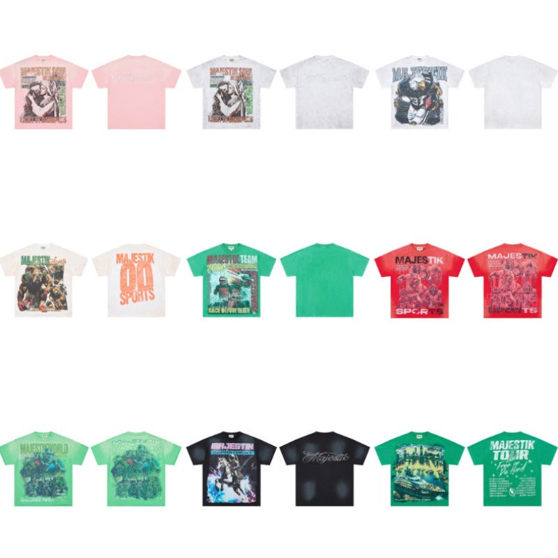 Majestik american street style retroprinting distressed loose hot diamond high street style tops short-sleeved t-shirt