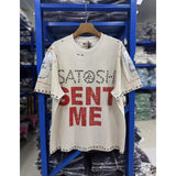 Satoshi summer american retroletterprinting washed and distressed spray dirty crackle loose short-sleeved t-shirt
