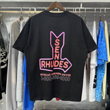 Rhude T Shirts Sunday Morning Fever Pink Arrow Print Men's and Women's Crew Neck Short Sleeves