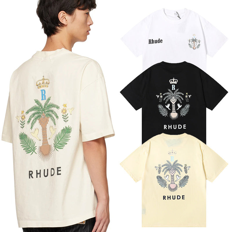 Rhude T Shirts Coconut Crown Printing Cotton Casual Short Sleeve Men and Women