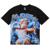 Meichao life husters masked tattoo angel print hotfix rhinestone lettering oversized casual short sleeve t-shirt