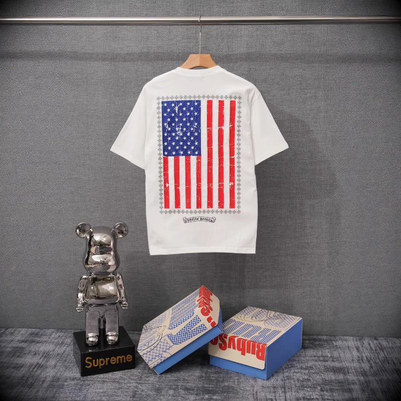 authentic edition chest pocket cross gradient horseshoe flower print short sleeve couple t-shirt