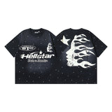 Ss american skull washed and distressed letter loose plus size short sleeve streetwear t-shirt - men's trendy style