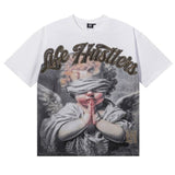 Meichao life husters masked tattoo angel print hotfix rhinestone lettering oversized casual short sleeve t-shirt