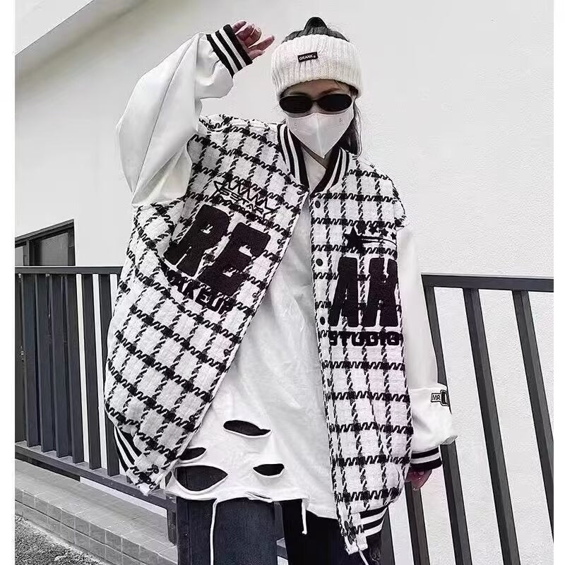 Unisex Baseball Jersey Plaid Baseball Jacket Jacket Loose Spring and Autumn