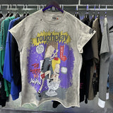 High street style roughplay gorilla print tee - distressed ripped faux layered short sleeve - american retro trend