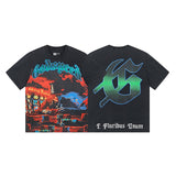 European and american high street gd rock heavy industry washed distressed skull letter speed short sleeve