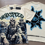 European and american high street gd rock heavy industry washed distressed skull letter speed short sleeve