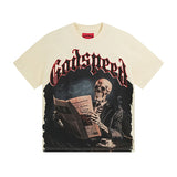 Cross-border gs american high street washed retro skull racing machine girl printing short-sleeved fashion