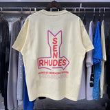 Rhude T Shirts Sunday Morning Fever Pink Arrow Print Men's and Women's Crew Neck Short Sleeves