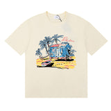 Rhude T Shirts Beach Coconut House Printed Cotton Casual Crew Neck Short Sleeve Men and Women