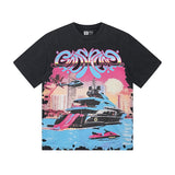 Cross-border gs american high street washed retro skull racing machine girl printing short-sleeved fashion