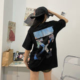 Wholesale off short sleeve ow dissolved arrow gradient starry sky splash ink t-shirt yellow tape warning line love