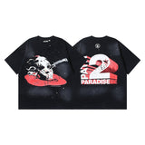 Ss american skull washed and distressed letter loose plus size short sleeve streetwear t-shirt - men's trendy style