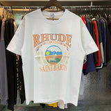 Rhude T Shirts Sunset Beach Cozy Pattern Printed Cotton Casual Loose Short Sleeve Men and Women