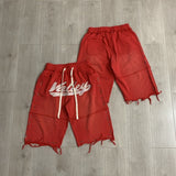 American retro valeforever washed & distressed hotfix rhinestone cotton shorts high street hooded sweatshirt