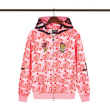streetwear zip hoodie cartoon letter print zip-up sweatshirt and pants camouflage set