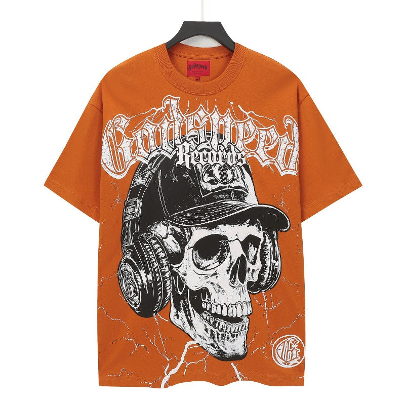 High version gods short sleeve heavy weight washed fog high street rock band skull pure cottonprinting round