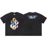 Gallery european and american couple wear plus size fried color washed short-sleeved t-shirt youth tee