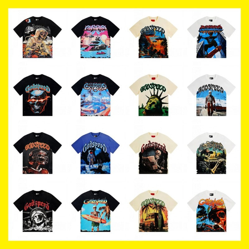 Cross-border gs american high street washed retro skull racing machine girl printing short-sleeved fashion