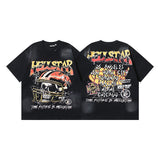 Ss american skull washed and distressed letter loose plus size short sleeve streetwear t-shirt - men's trendy style