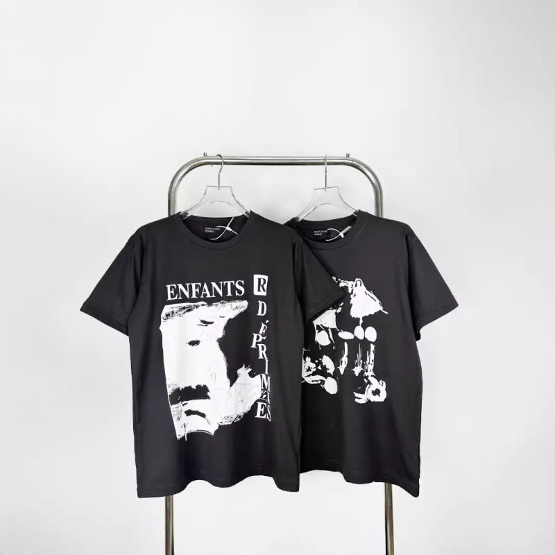 Erd melancholic rich second generation short-sleeved portrait sketch graffiti cross-border new high street loosecasual print