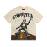 Cross-border gs american high street washed retro skull racing machine girl printing short-sleeved fashion