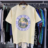 Rhude T Shirts Lake Coconut Landscape Print Cotton Casual Short Sleeve Men and Women