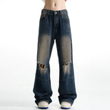Unisex Jeans Vintage Washed Blue Ripped Jeans