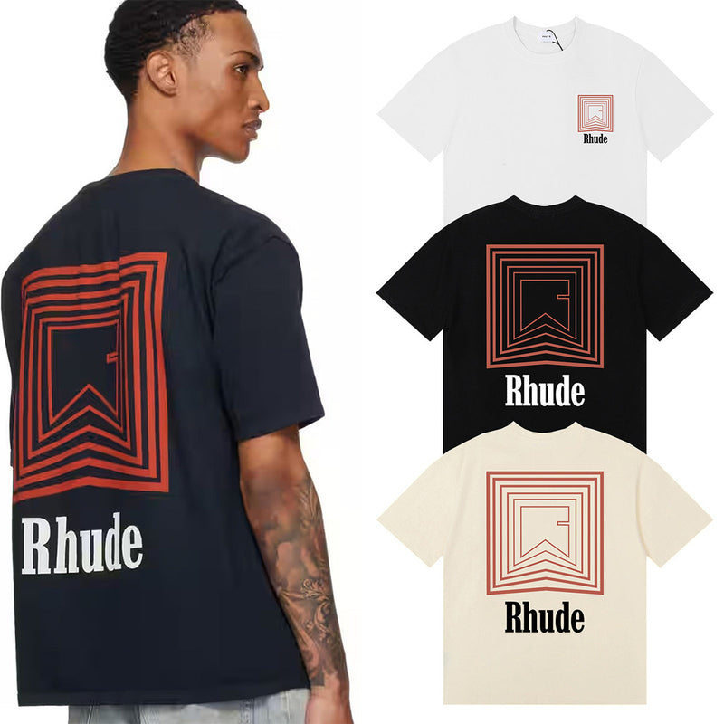 Rhude T Shirts Chevron Red Printed Cotton Casual Short Sleeve Men and Women