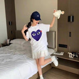 Correct version star kawakubo pla heartembroider short-sleeved pure cotton red heart peach couple t-shirt y