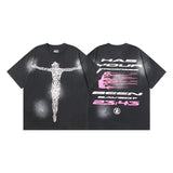 Ss american skull washed and distressed letter loose plus size short sleeve streetwear t-shirt - men's trendy style