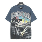 Cross-border foreign trade high version gods short-sleeved heavy weight washed fog high street skull pure cotton printed round