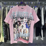 Meichao life husters masked tattoo angel print hotfix rhinestone lettering oversized casual short sleeve t-shirt