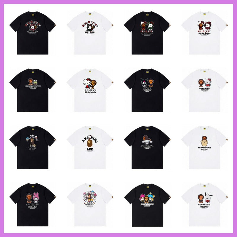 Top-tier! sanrio ou family summer bape seamless crewneck g pure cotton short-sleeve t-shirt for men