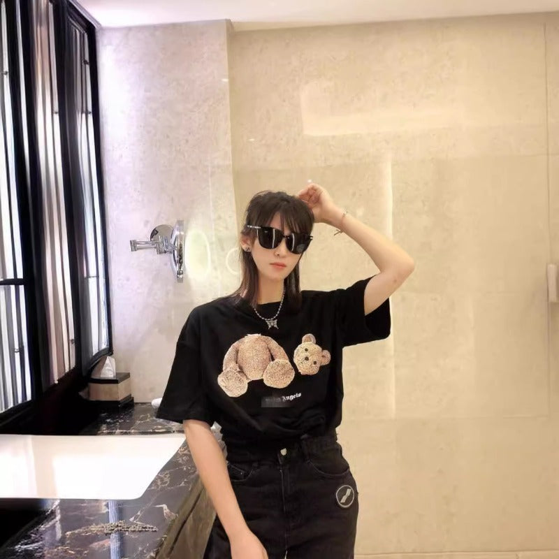 Cross-border wholesale pa severed bear short-sleeved pink bear t-shirt high collar os loose palm tree