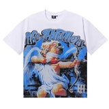Meichao life husters masked tattoo angel print hotfix rhinestone lettering oversized casual short sleeve t-shirt