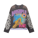 American retro style roughplay jesus faux two-piece long sleeve sweatshirt - skull rock washed distressed ripped