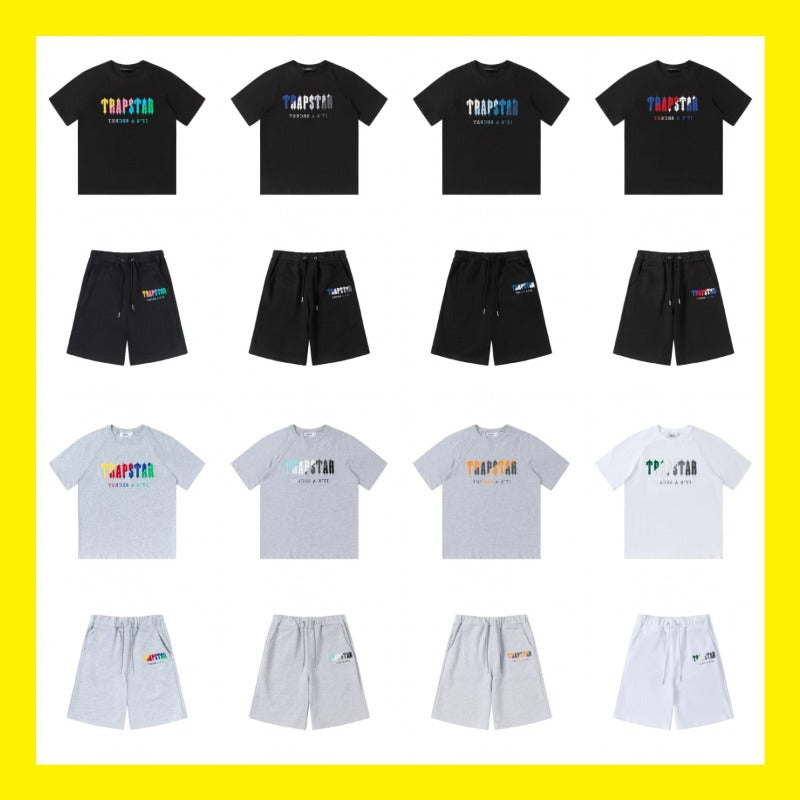 Cross-border trade trapstar rainbow letter gradient towel embroidery short sleeve t-shirt & fog high street shorts set