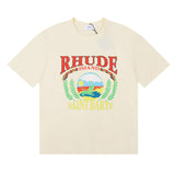 Rhude T Shirts Sunset Beach Pattern Printed Cotton Casual Short Sleeves Men and Women